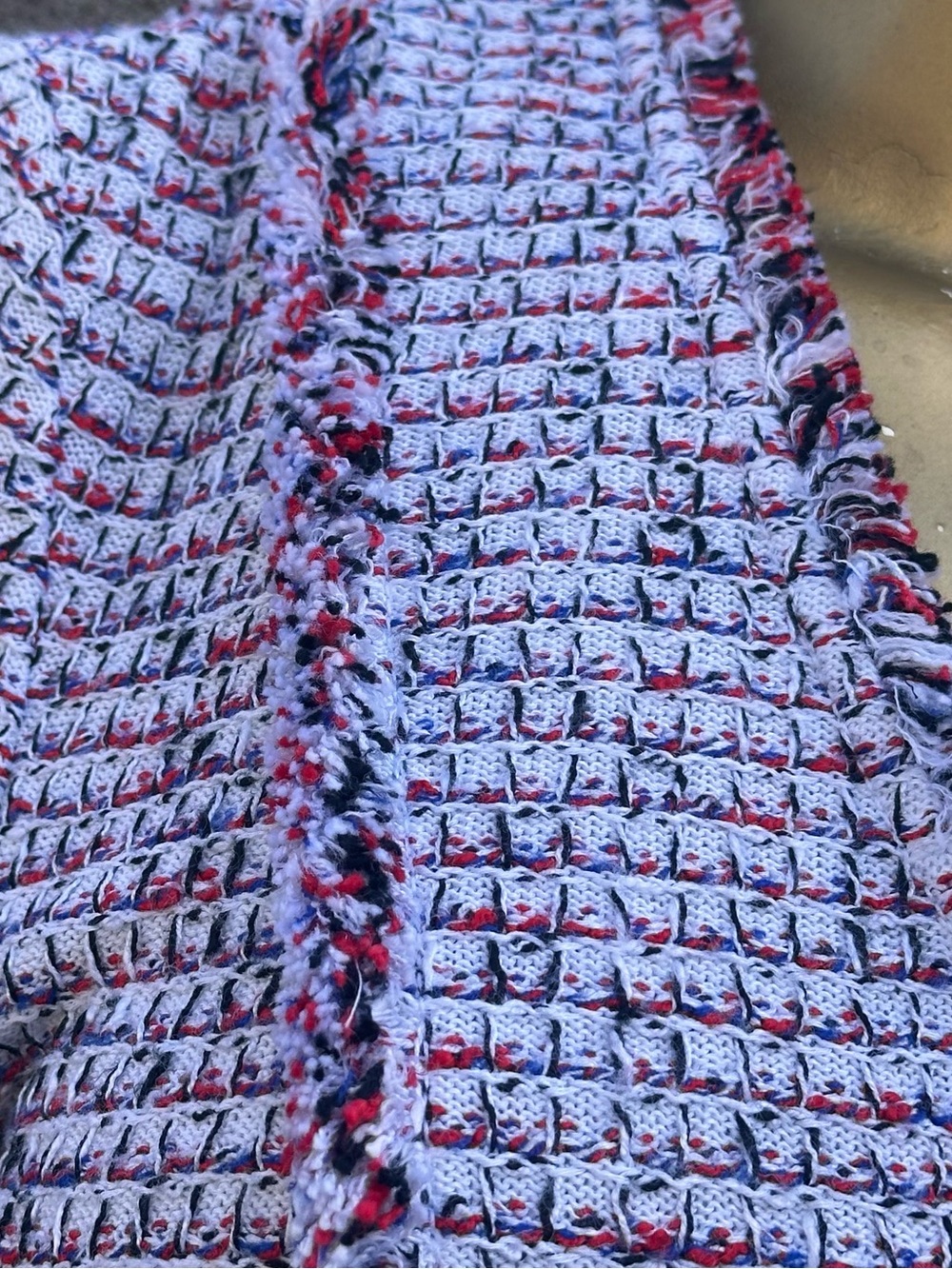 St. John Textured Knit Fringe Trim Jacket White Red Blue Novelty Weave Blazer - Picture 6 of 11